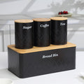 Black Metal Bread Box with Cutting Board,3 Canisters for Kitchen
