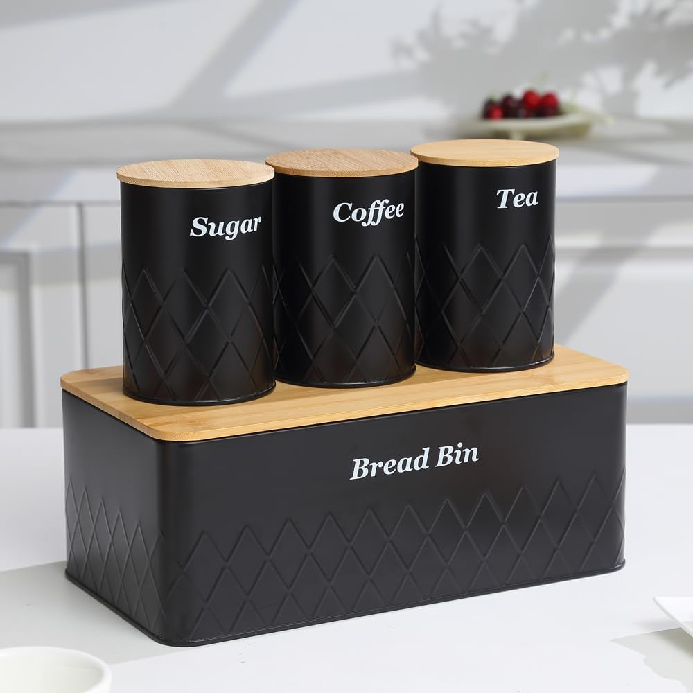 Black Metal Bread Box with Cutting Board,3 Canisters for Kitchen