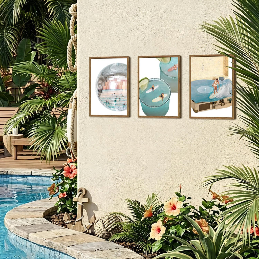 Framed Trendy Blue Coastal Wall Art Set of 3, Preppy Disco Ball Beach Wall Decor Pictures, Girly Y2K Retro Surf Paintings Canvas Prints Aesthetic Home Decor for Living Room Bedroom Bathroom 12X16 Inch