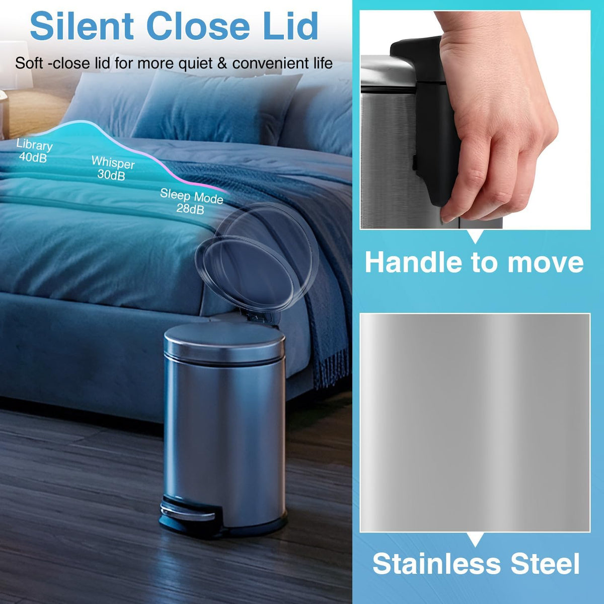 Mini Trash Can 5L Stainless Steel round Cylindrical Soft-Close with Foot Pedal 1.32 Gallon for Bathroom,Office,Kitchen, Resturant, Indoor