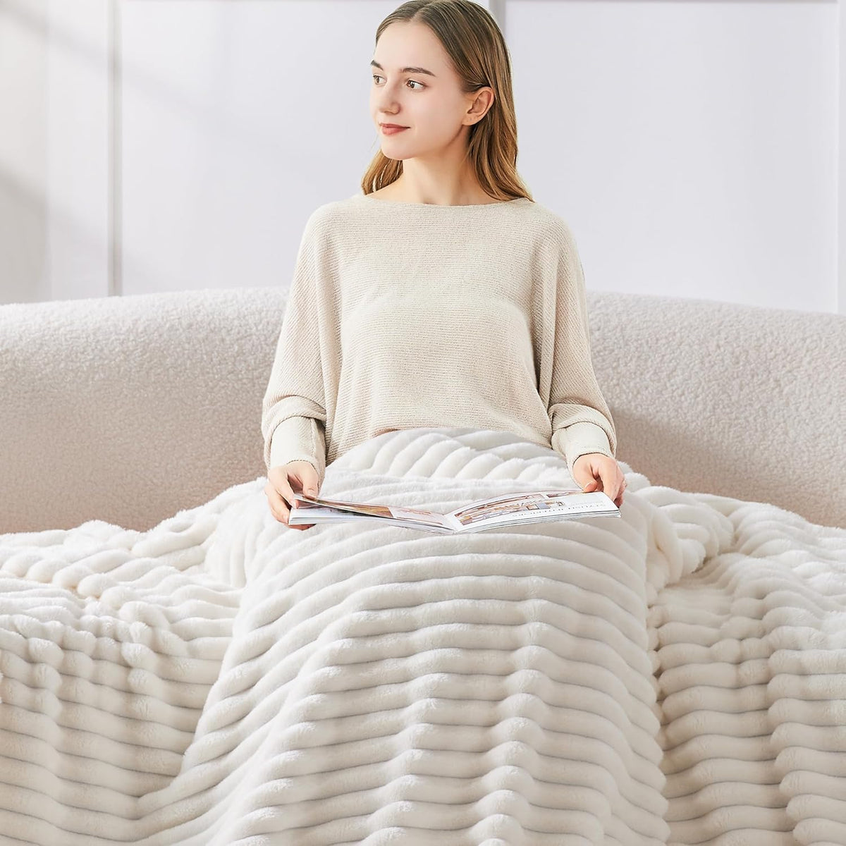 Ribbed Fleece Throw Blanket for Couch, Cream, 50"X60"