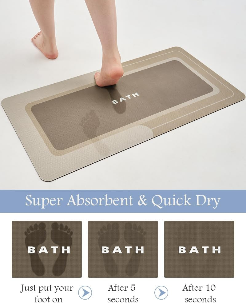 -Bath Mat Rug Long Non Slip Super Absorbent Bathroom Runner Stain Resistant Quick Dry Thin Bathroom Mat Fit under Door-17"X59",Beige