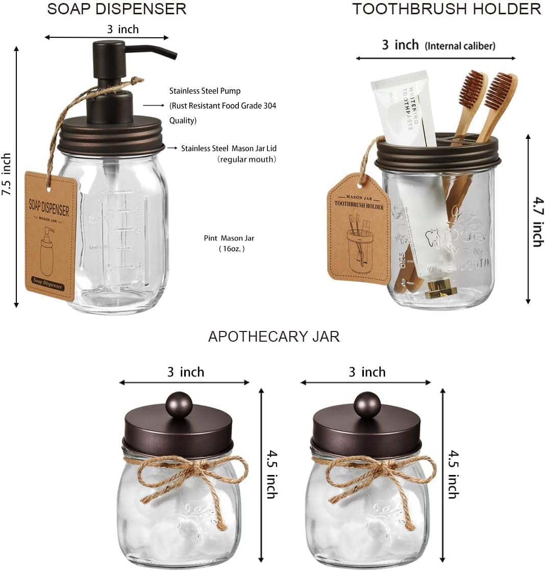 Mason Jar Bathroom Accessories Set, 4Pcs Glass Bathroom Set,Bronze