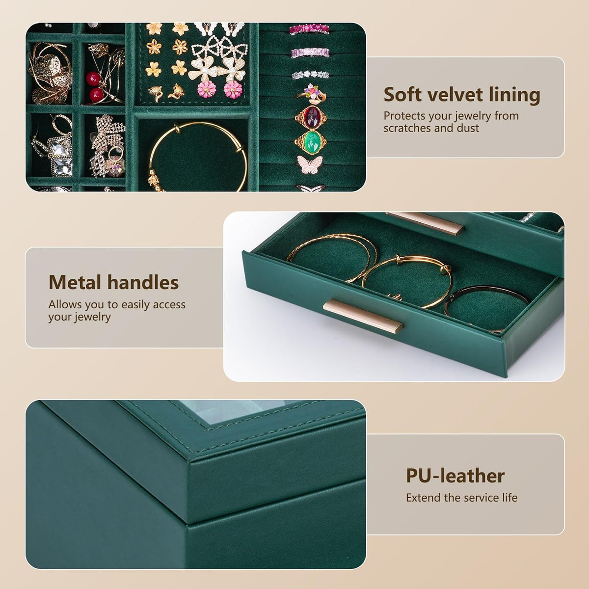 3-Layer Jewelry Box for Women, Jewelry Organizer with Glass Lid and Drawers, Jewelry Organizers and Storage for Necklaces, Rings, Earrings, Bracelets - White/Green/Black
