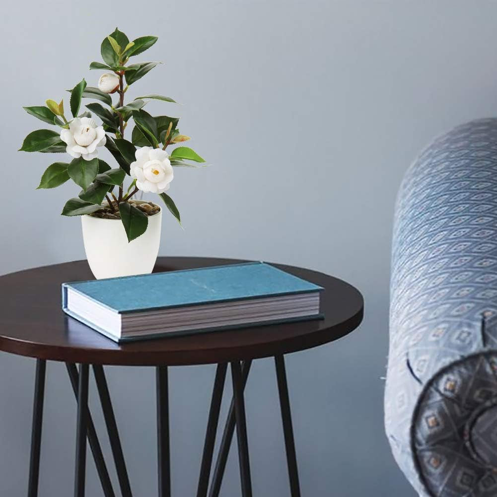 Artificial Plants Mini Camellia Potted Fake Plants Small Faux Plastic Plants Desk Plant Artificial Flowers with Vase for Home Office Desk Kitchen Garden Indoor Decor