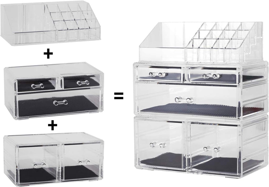 Makeup Organizer,Acrylic Cosmetic Organizer Storage Drawers Jewelry and Cosmetic Display Cases Box(5 Drawers 7 Tiers) 3 Pieces Stackable,Clear