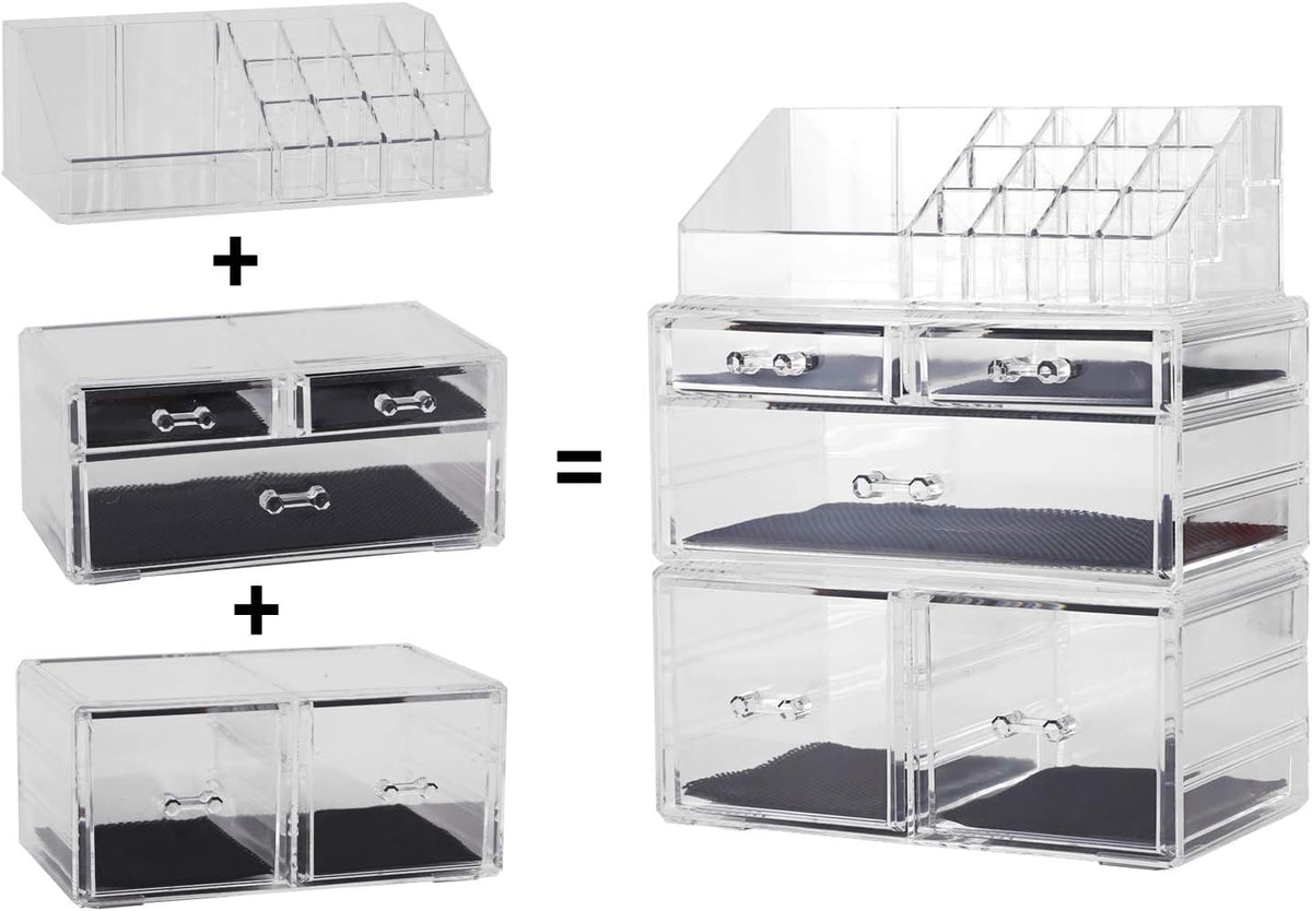 Makeup Organizer,Acrylic Cosmetic Organizer Storage Drawers Jewelry and Cosmetic Display Cases Box(5 Drawers 7 Tiers) 3 Pieces Stackable,Clear
