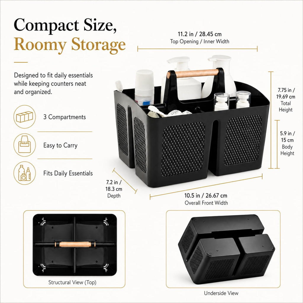 Plastic Shower Caddy with Wooden Handle, Portable 3-Compartment Bathroom Organizer Basket with Drainage Holes, Quick Dry Shower Basket for Dorm, College, Cleaning Supplies