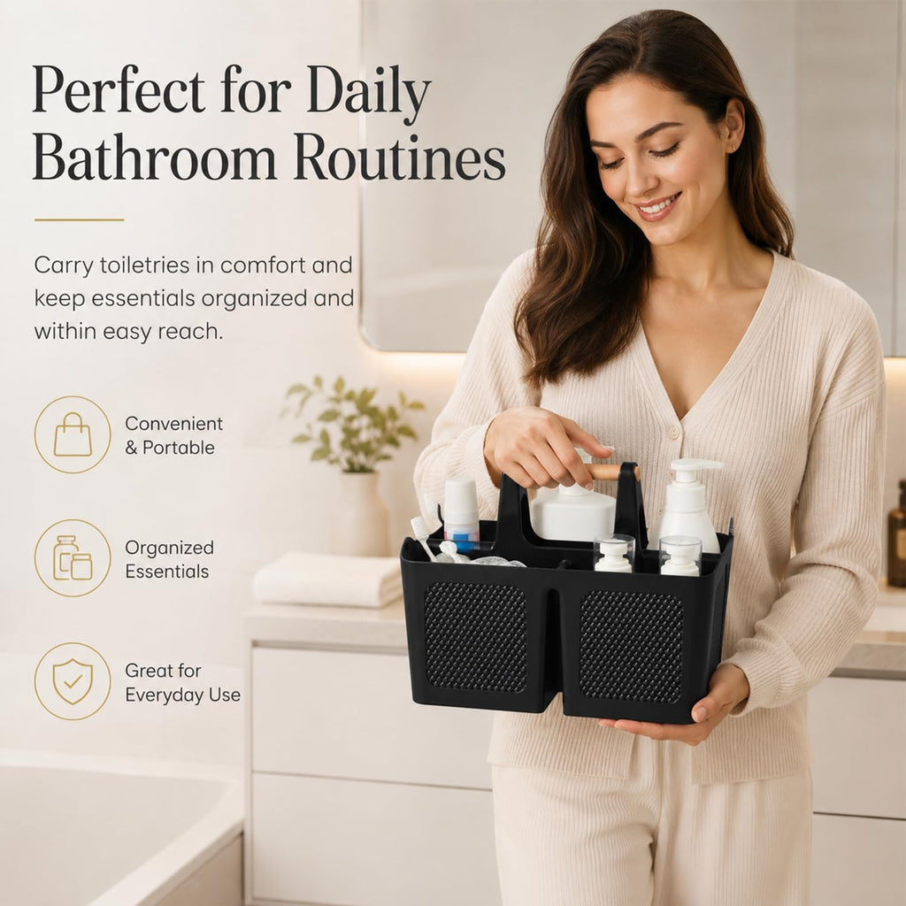 Plastic Shower Caddy with Wooden Handle, Portable 3-Compartment Bathroom Organizer Basket with Drainage Holes, Quick Dry Shower Basket for Dorm, College, Cleaning Supplies