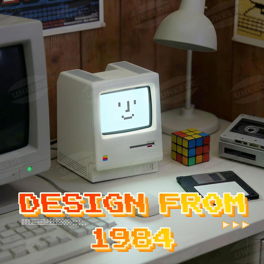 Maclock Retro Desk Clock, 1984 W-8 Computer Inspired Pixel Display Rechargeable Desk Clock, Multi-Alarm, Calendar, Temperature, Dimmable, Unique Retro Tech Gift for Office Bedroom Night Light