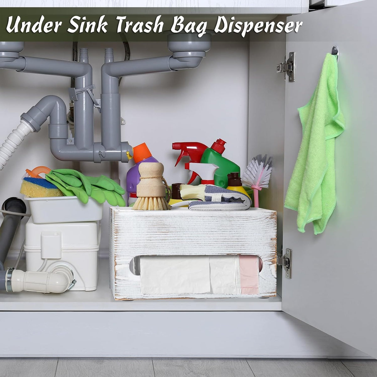 Trash Bag Dispenser, Wall Mount Wooden Trash Organizer , Countertop Trash Bag Roll Holder for 4-8 Gallon , Retro White Kitchen Laundry Room Organization