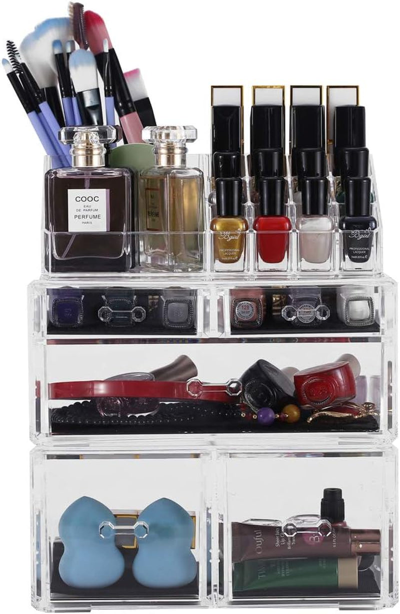 Makeup Organizer,Acrylic Cosmetic Organizer Storage Drawers Jewelry and Cosmetic Display Cases Box(5 Drawers 7 Tiers) 3 Pieces Stackable,Clear