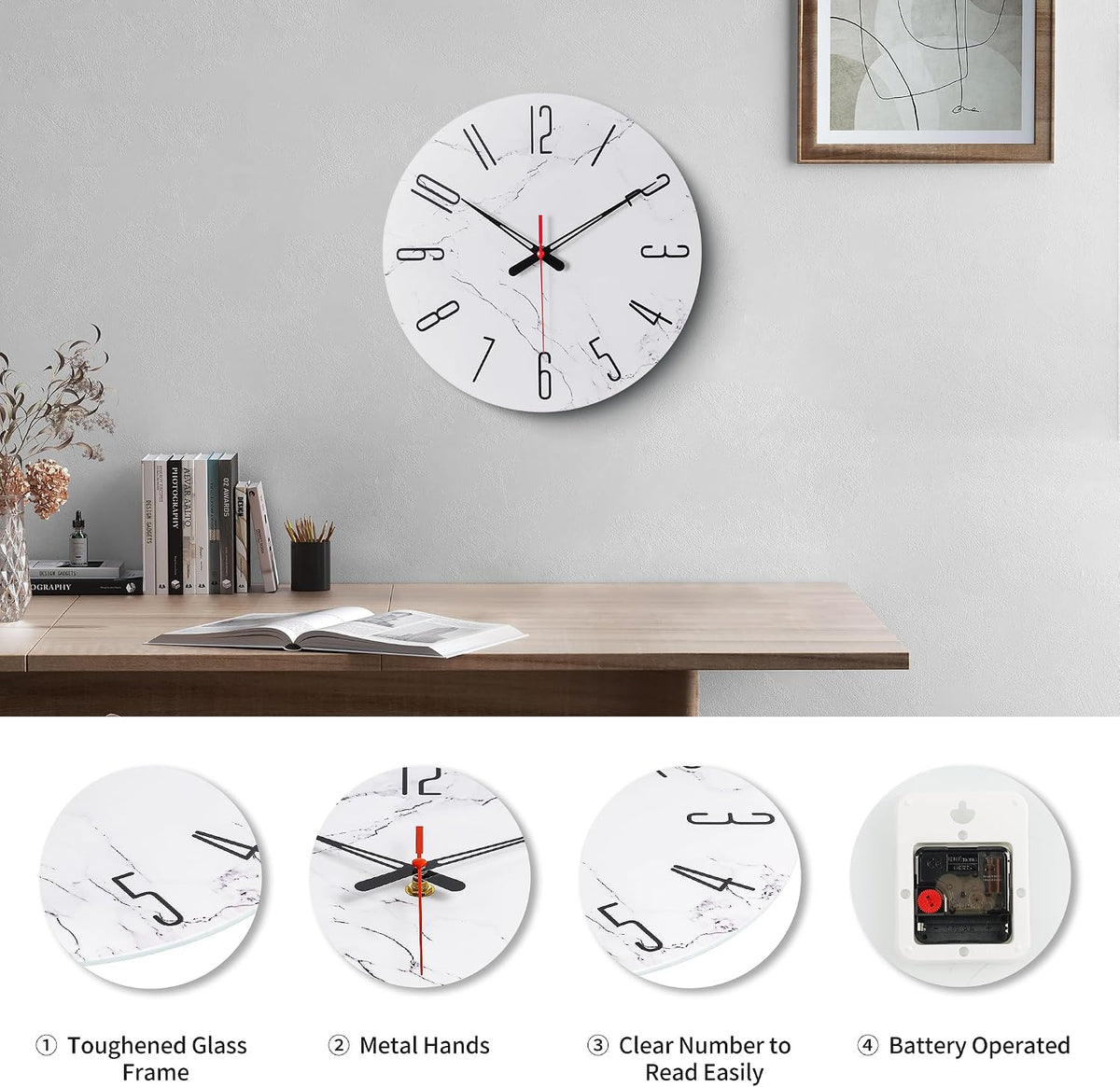 14In Glass Wall Clocks for Living Room Decor, Decorative Wall Clocks Battery Operated, Silent Kitchen Clocks, Wall Clock for Bedroom