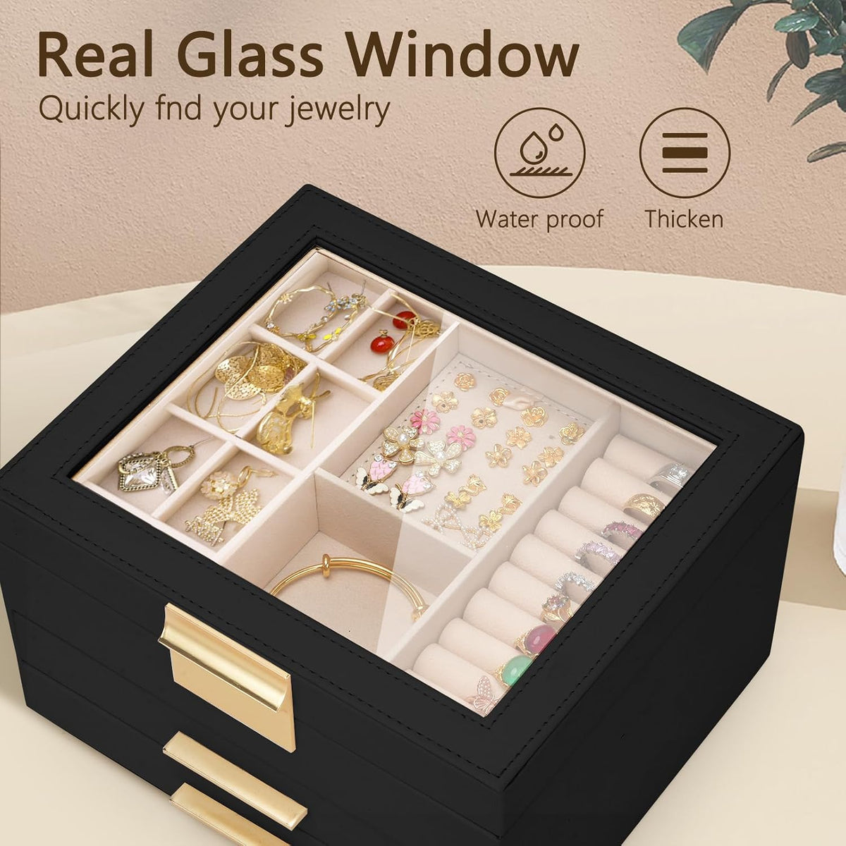 3-Layer Jewelry Box for Women, Jewelry Organizer with Glass Lid and Drawers, Jewelry Organizers and Storage for Necklaces, Rings, Earrings, Bracelets - White/Green/Black