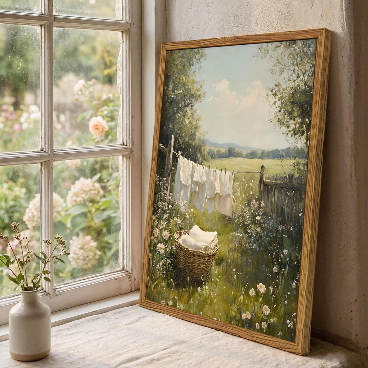 Framed Vintage Laundry Room Wall Art, Farmhouse Landscape Wildflower Pictures Wall Decor, Cottagecore Country Nature Paintings Canvas Prints Home Decor Aesthetic for Bathroom Living Room 12X16 Inch