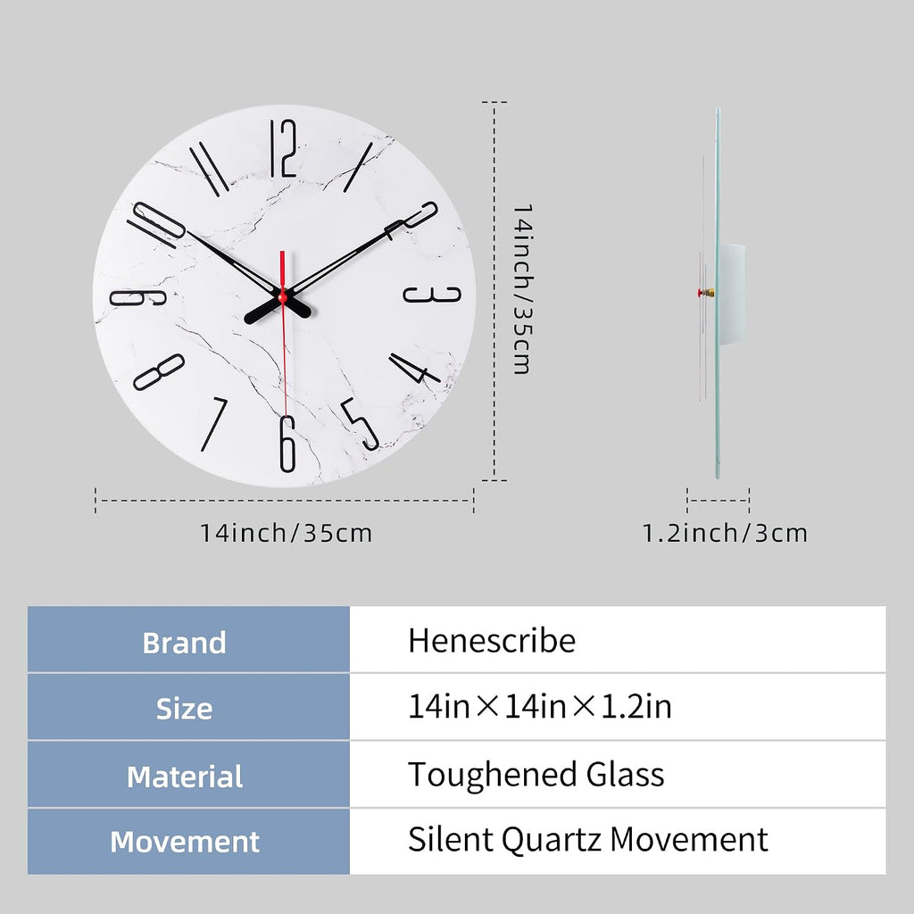14In Glass Wall Clocks for Living Room Decor, Decorative Wall Clocks Battery Operated, Silent Kitchen Clocks, Wall Clock for Bedroom