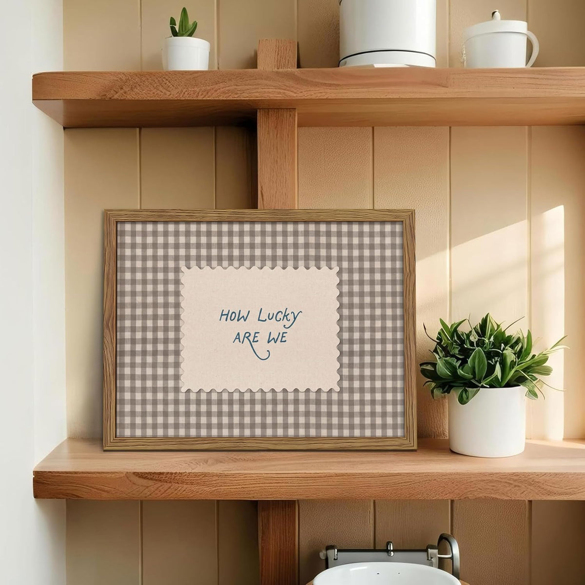 How Lucky Are We Wall Art, Vintage Gingham Inspirational Canvas Wall Decor Painting, Funky Preppy Stripe Quotes Poster Print Picture for Bedroom Dorm Apartment Decor 12X16 Inch Framed