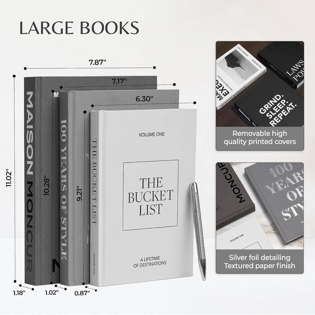 Faux Books for Decoration Motivational Coffee Table Books Set of 3 Black & White Design Books with Removable Covers and Real Blank Pages for Modern Home Decor, Shelf Styling and Aesthetic Interiors