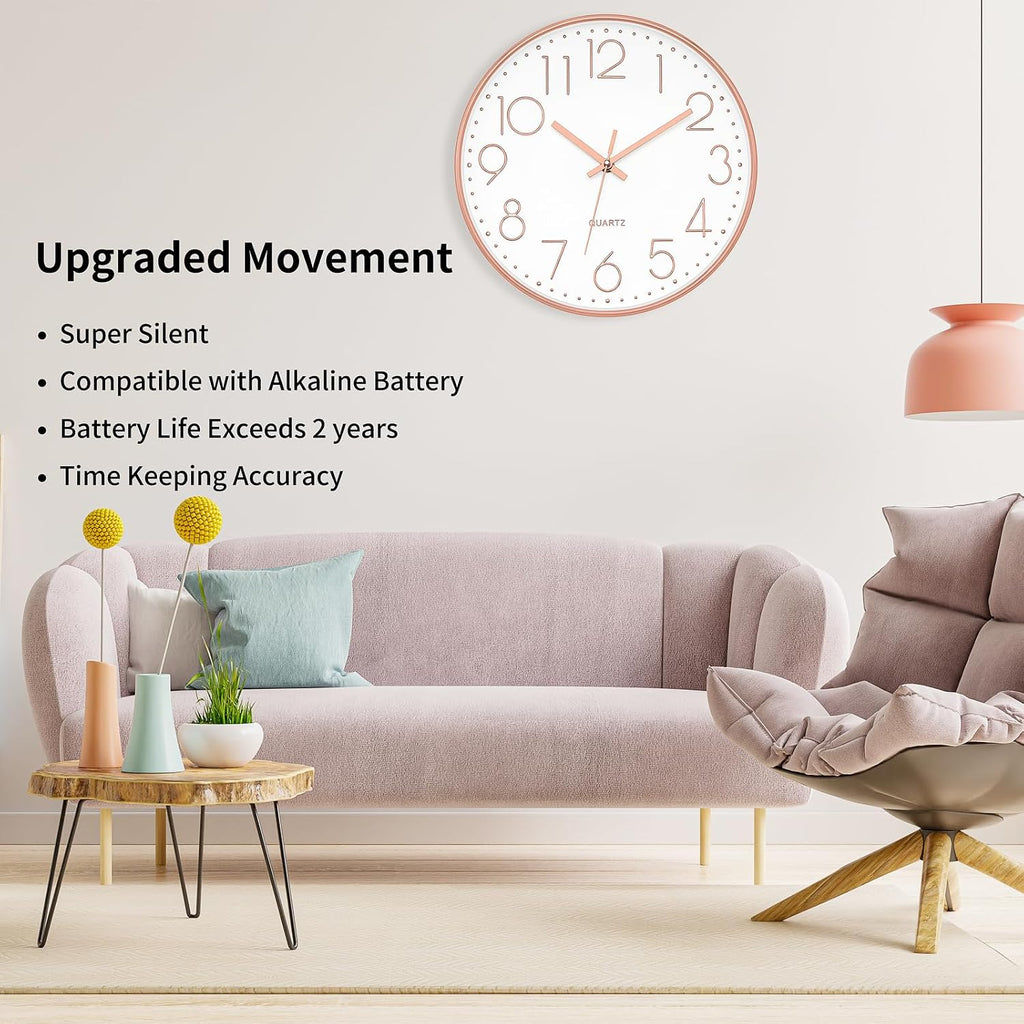 12" Modern Wall Clock Silent Battery Operated Rose Gold Clock