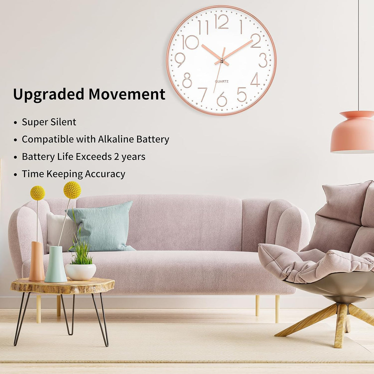 12" Modern Wall Clock Silent Battery Operated Rose Gold Clock