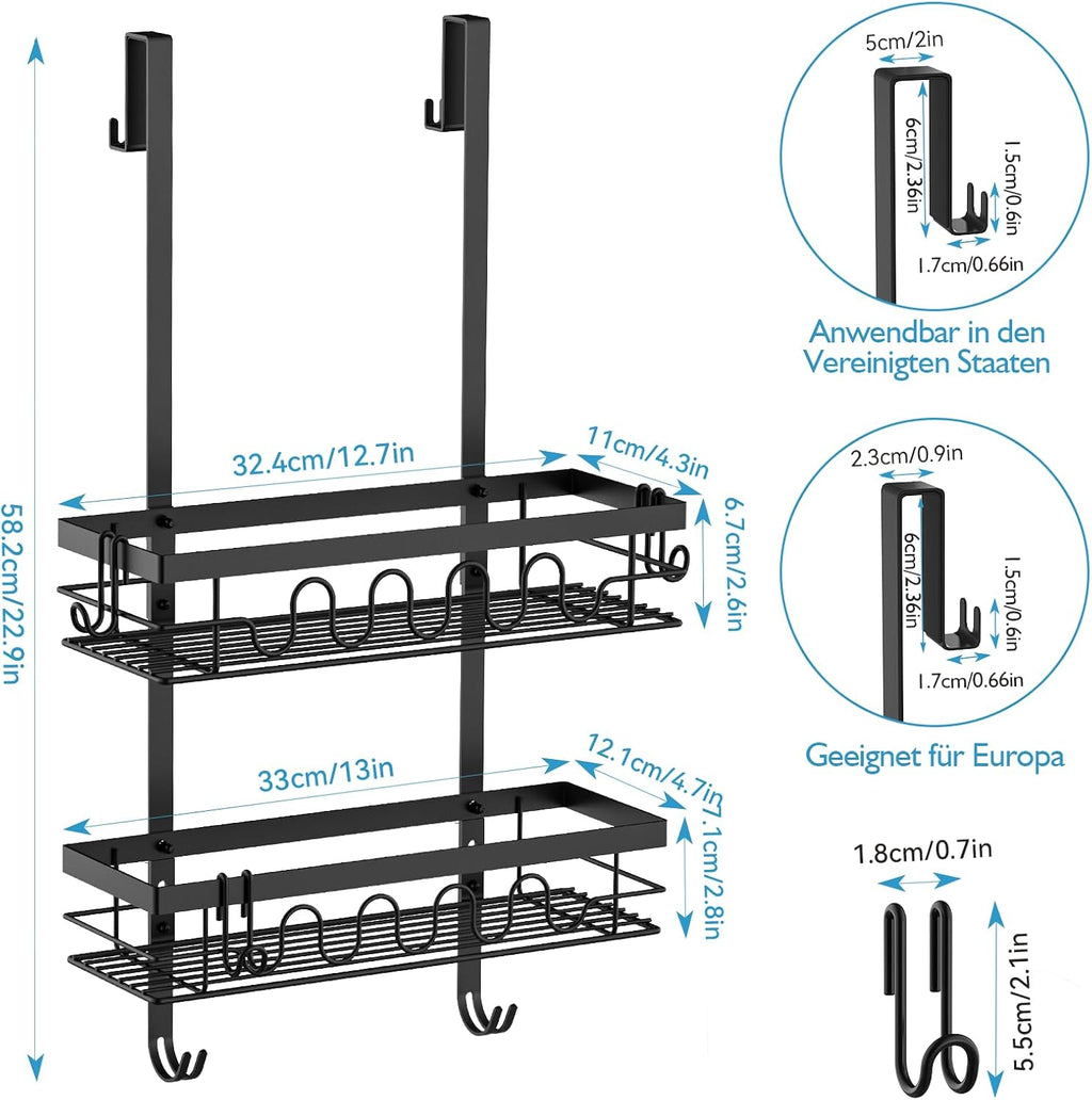 Over the Door Shower Caddy Hanging, Rustproof Hanging Shower Organizer for Glass Door, No Drilling Adjustable Shower Shelves for inside Shower with 4+3 Hooks, Suitable for Kitchen/Bathroom/Balcony