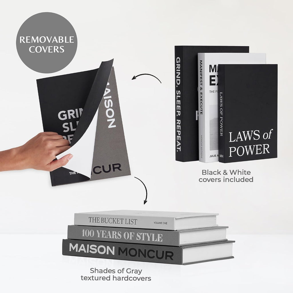 Faux Books for Decoration Motivational Coffee Table Books Set of 3 Black & White Design Books with Removable Covers and Real Blank Pages for Modern Home Decor, Shelf Styling and Aesthetic Interiors