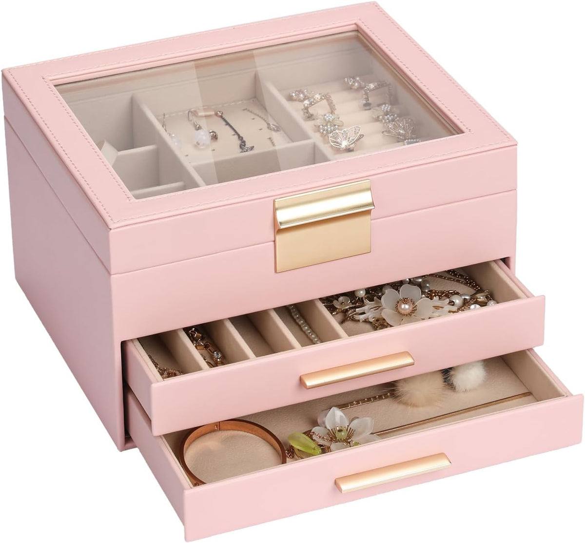 3-Layer Jewelry Box for Women, Jewelry Organizer with Glass Lid and Drawers, Jewelry Organizers and Storage for Necklaces, Rings, Earrings, Bracelets - White/Green/Black/Pink