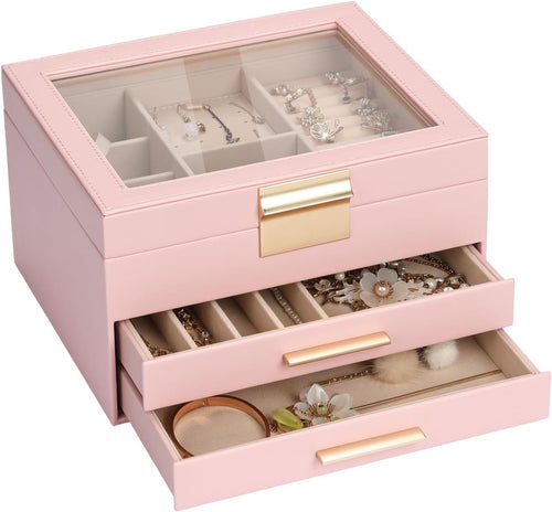 3-Layer Jewelry Box for Women, Jewelry Organizer with Glass Lid and Drawers, Jewelry Organizers and Storage for Necklaces, Rings, Earrings, Bracelets - White/Green/Black/Pink