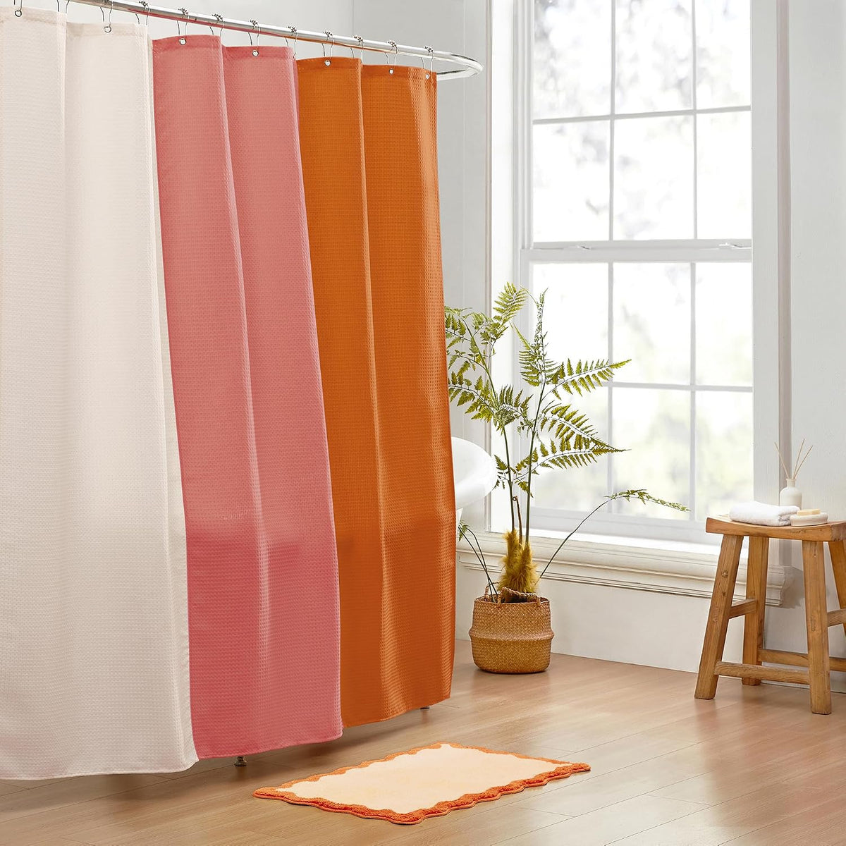Bath Mat with Scalloped Wavy Ripple Design, Microfiber Absorbent Non Slip Tufted Rug for Floor, Shower or Kitchen (20X32 Inch, Orange)