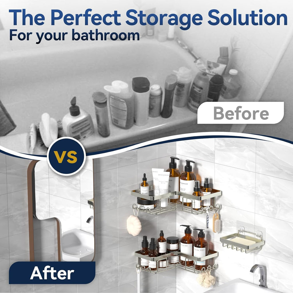 Corner Shower Caddy, 3-Pack Adhesive Shower Caddy with Soap Holder and 12 Hooks, Rustproof Stainless Steel Bathroom Organizer, No Drilling Wall Mounted Shower Rack, Nickel