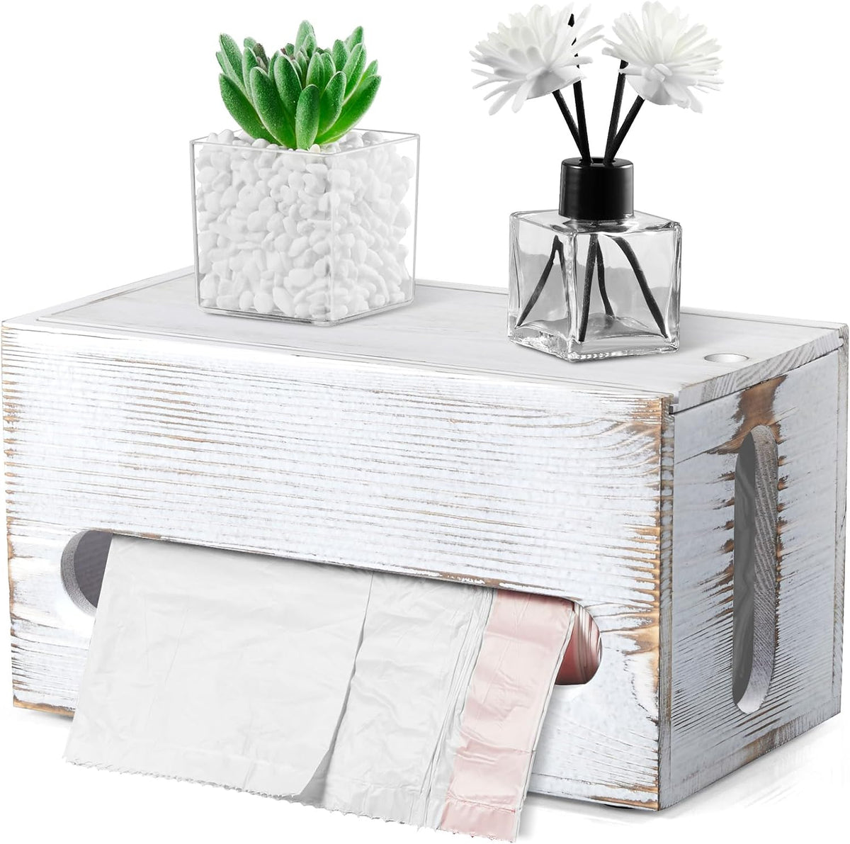 Trash Bag Dispenser, Wall Mount Wooden Trash Organizer , Countertop Trash Bag Roll Holder for 4-8 Gallon , Retro White Kitchen Laundry Room Organization