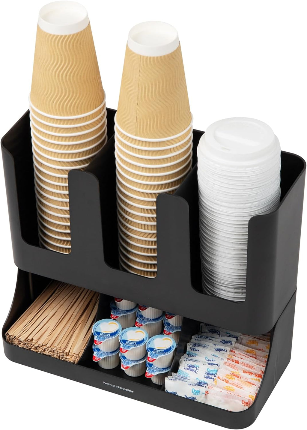Condiment Station, 13 Inch Countertop Coffee Bar Organizer with 6 Compartments, Storage Caddy for Cups, Lids and Packets, Plastic, Black