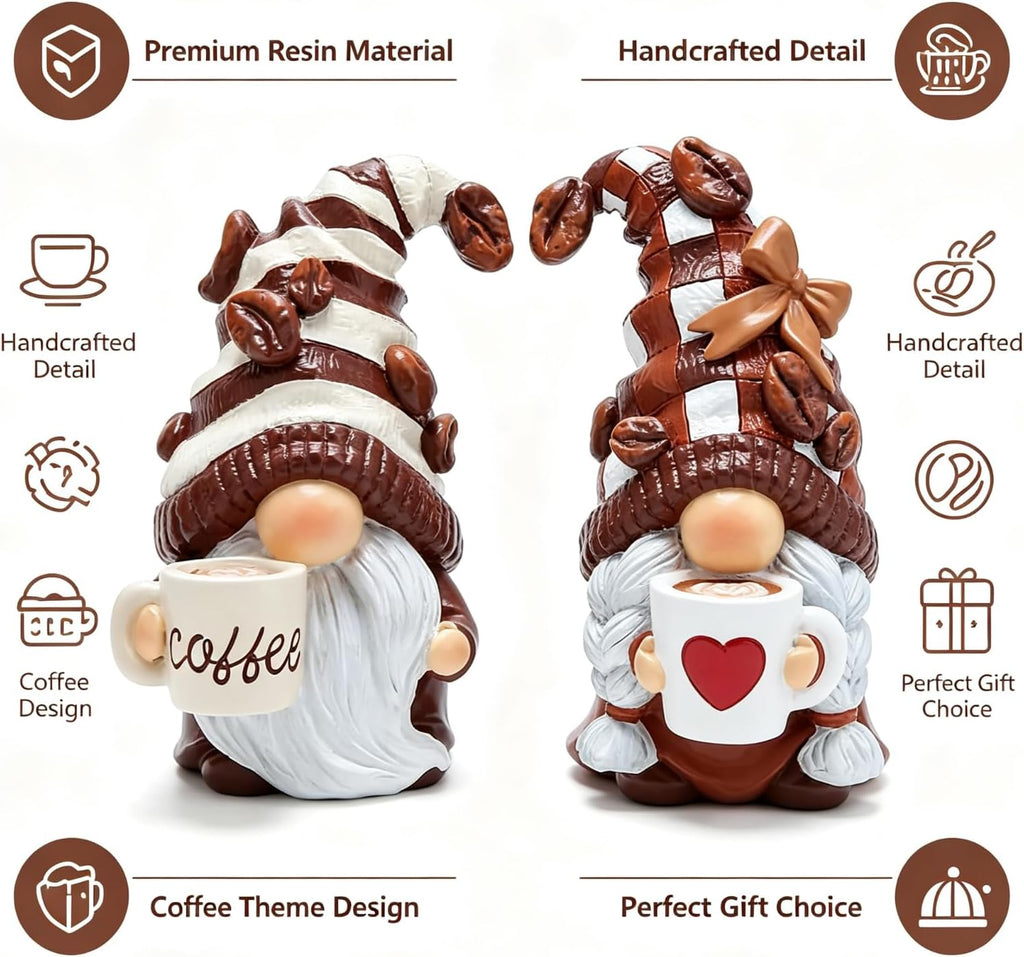 2PCS Coffee Gnome Figurines, Resin Statues for Home Office Kitchen Tiered Tray & Farmhouse Shelf, Indoor Outdoor Dwarf Decor, Adorable Gift for Women