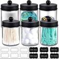 6Pc Apothecary Jars Bathroom Vanity Organizer- Rustic Farmhouse Decor Storage with Stainless Steel Lids- Qtip Dispenser Holder for Q-Tips, Cotton Swabs, Rounds, Ball, Flossers (Black)
