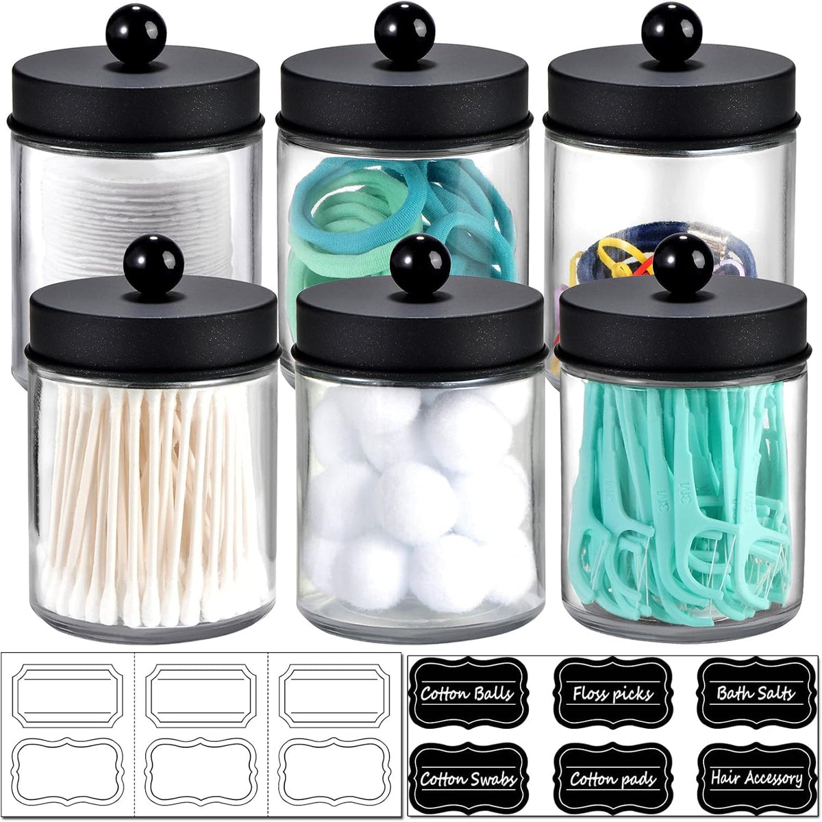 6Pc Apothecary Jars Bathroom Vanity Organizer- Rustic Farmhouse Decor Storage with Stainless Steel Lids- Qtip Dispenser Holder for Q-Tips, Cotton Swabs, Rounds, Ball, Flossers (Black)