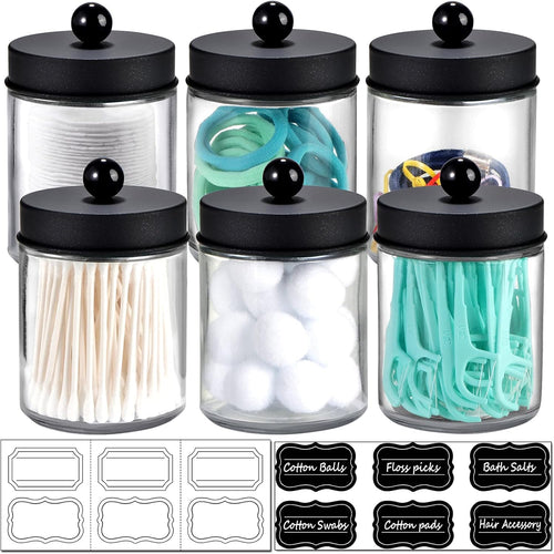 6Pc Apothecary Jars Bathroom Vanity Organizer- Rustic Farmhouse Decor Storage with Stainless Steel Lids- Qtip Dispenser Holder for Q-Tips, Cotton Swabs, Rounds, Ball, Flossers (Black)
