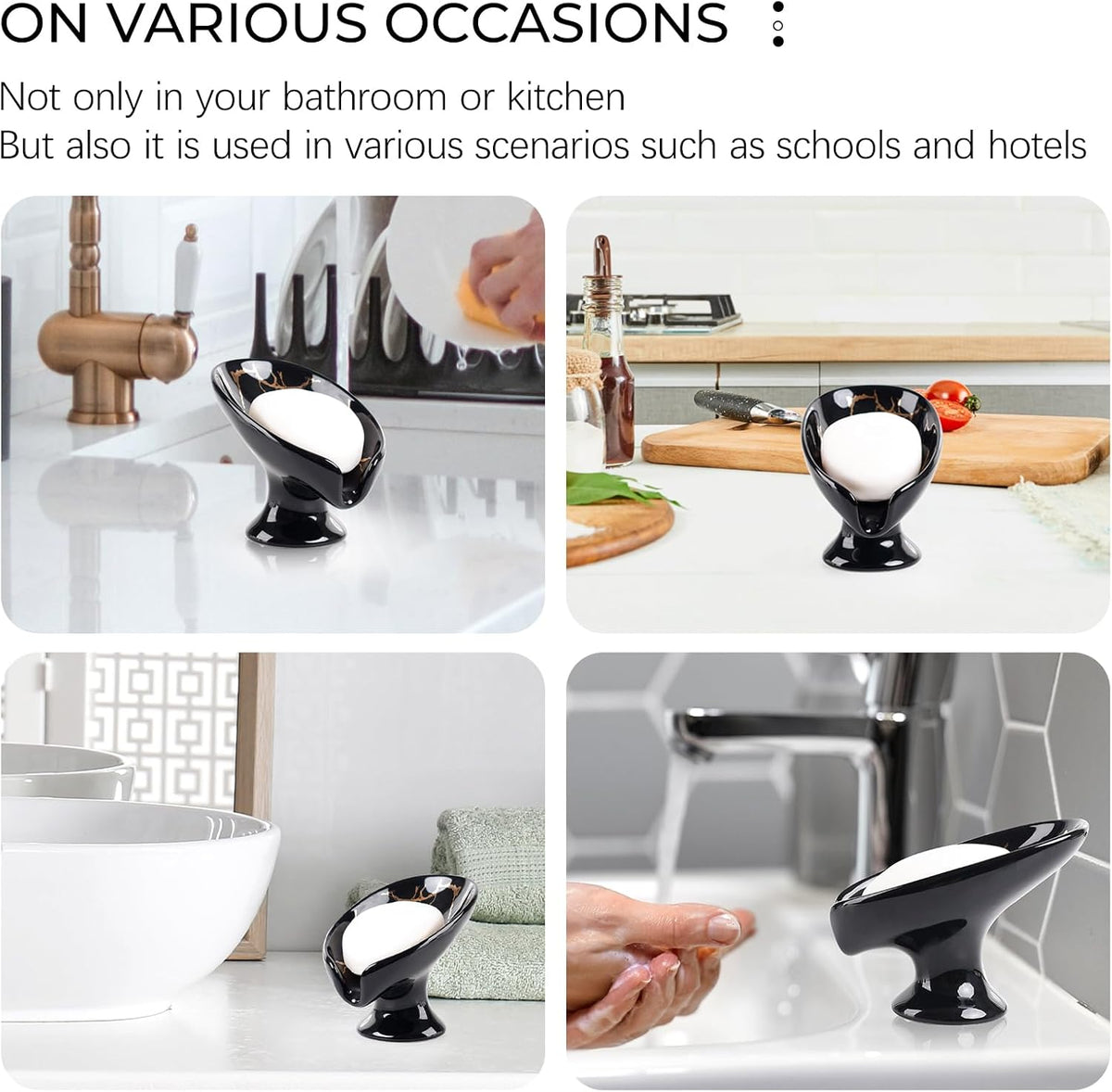 Soap Dish, Ceramic Soap Holder Self Draining Leaf Shape Bar Soap Holder, Marble Look Black Drain Soap Dish Holder for Bathroom, Easy to Clean Keeps Soap Dry,
