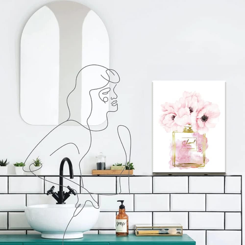Canvas Wall Art Glam Perfume Pictures Wall Decor Pink Flowers and Gold Canvas Wall Art Girl Home Decor for Bedroom Wall Bathroom Set Room Decor