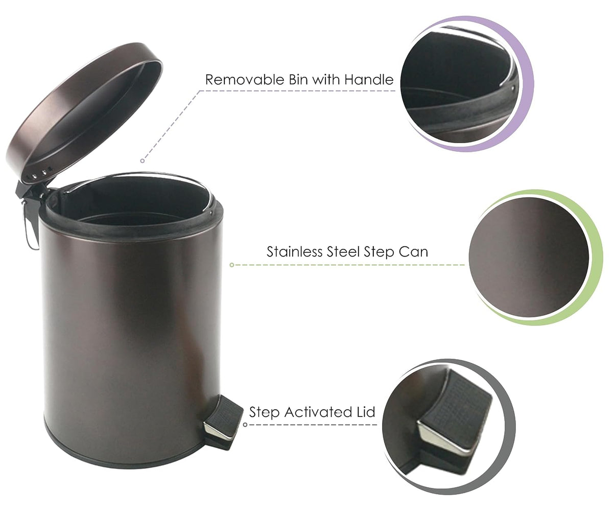 Stainless Steel Small Trash Can with Lid & Step Pedal - 5 Liters/1.3 Gallon Soft Close Waste Basket with Removeable Inner Bucket - Garbage Can for Bathroom, Bedroom, Kitchen & Office (Bronze)