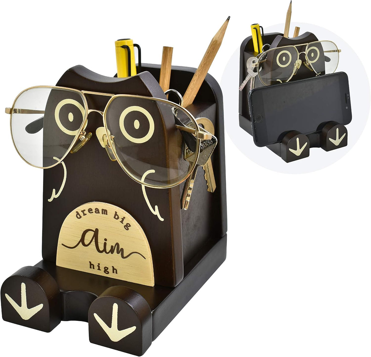 Wood Multipurpose Eyeglass Phone Pen & Pencil Holder Stand Stationery Desk Box Organizer Accessories, Home Office Desktop Decor Birthday Graduation Gifts “Dream Big Aim High” (Owl)