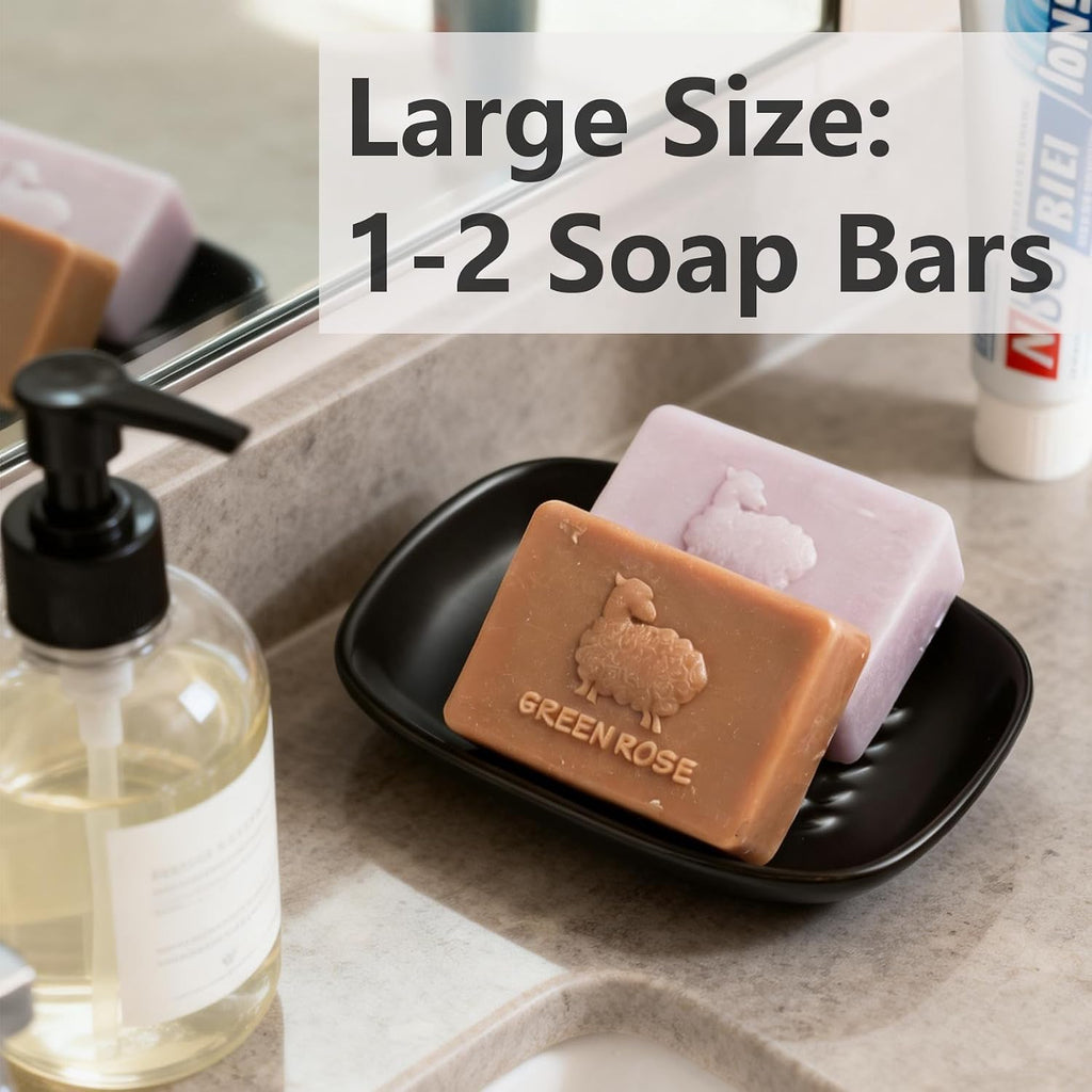 Soap Dish, Ceramic Soap Holder Shower Soap Dish for Bar Soap Sponge, Soap Saver Tray for Bathroom Kitchen Sink, Black