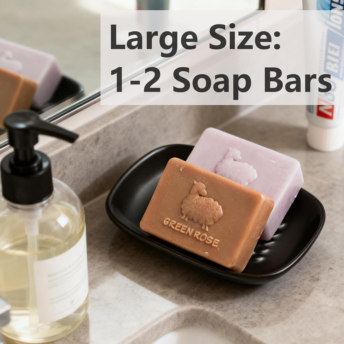 Soap Dish, Ceramic Soap Holder Shower Soap Dish for Bar Soap Sponge, Soap Saver Tray for Bathroom Kitchen Sink, Black