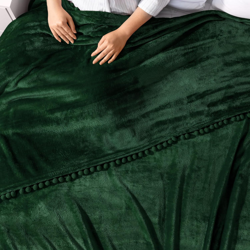 Fleece Throw Blanket for Couch with Pom Pom Fringe, Emerald Green, Soft Cozy Fuzzy Flannel Blanket for Sofa Bed, Lightweight Plush All Season Throw, 50X60 Inches