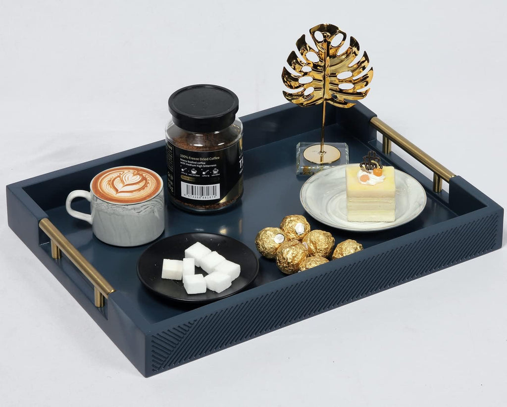 Serving Tray with Polished Metal Handles, 16.5''X12'' Rectangle Coffee Table Tray, Modern Decorative Tray, Large Ottoman Tray, Perfect for Storage and Display (Blue)