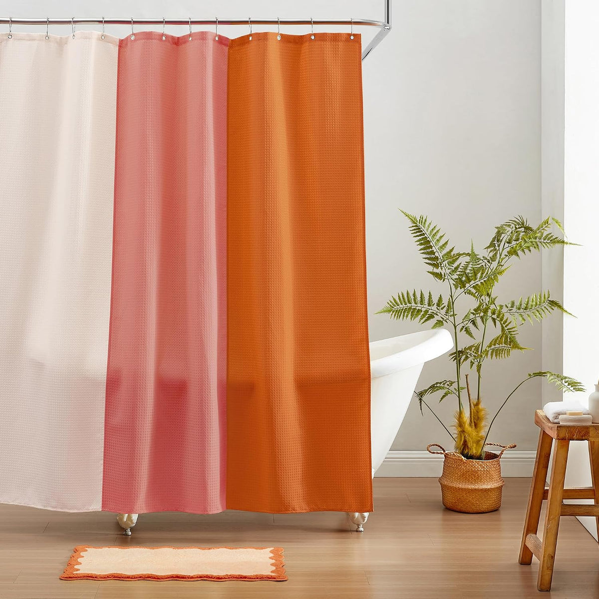 Bath Mat with Scalloped Wavy Ripple Design, Microfiber Absorbent Non Slip Tufted Rug for Floor, Shower or Kitchen (20X32 Inch, Orange)