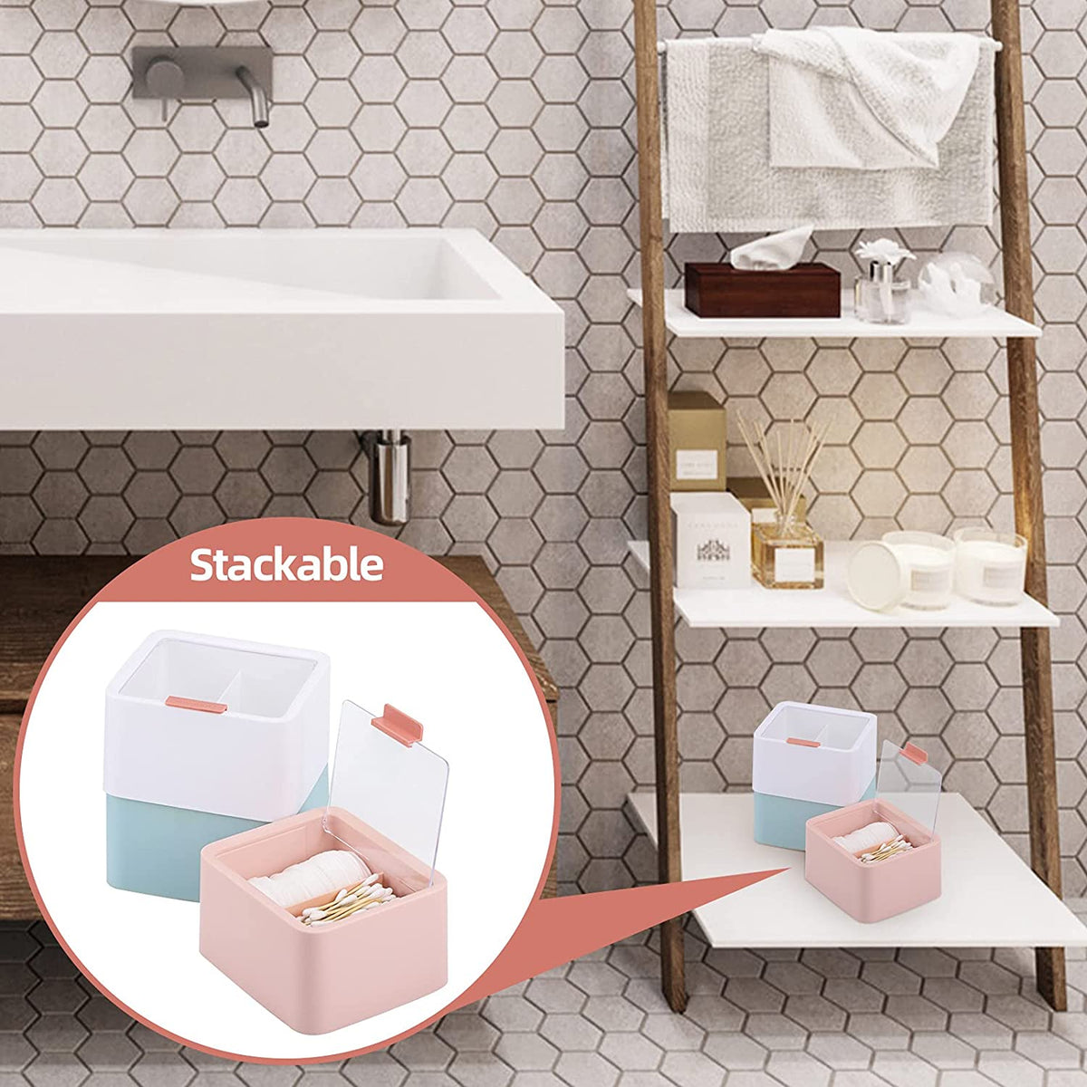 Qtips Storage Organizer - 2 Grids Separate Cotton Swabs Dispenser Qtips Holder Bathroom Canisters with Hinged Lids for Cotton Balls, Pads, Pink