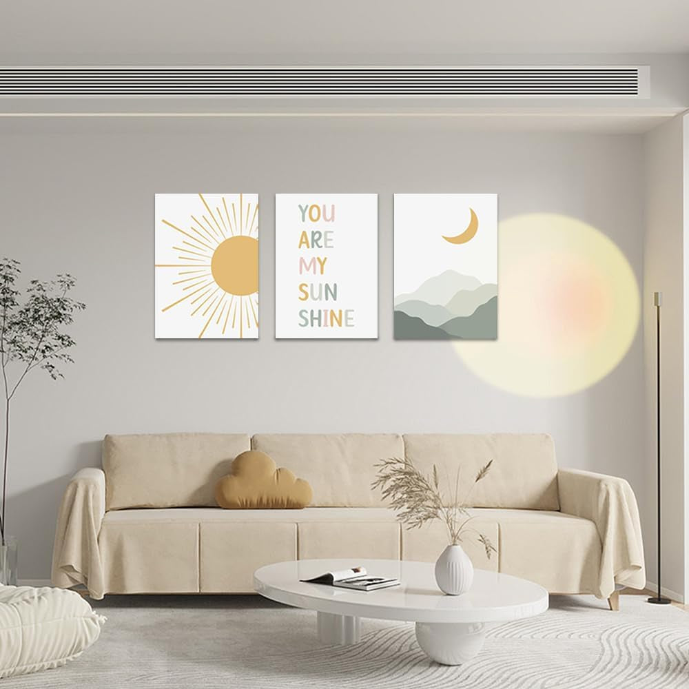Boho Sun Moon Wall Art Set of 3,Framed Canvas Wall Art Sun Rising on the Horizon Geometric Nature Mountain Art Wall,Mid-Century Modern Prints Boho Wall Decor Nursery Decor Green Brown 24"X36"