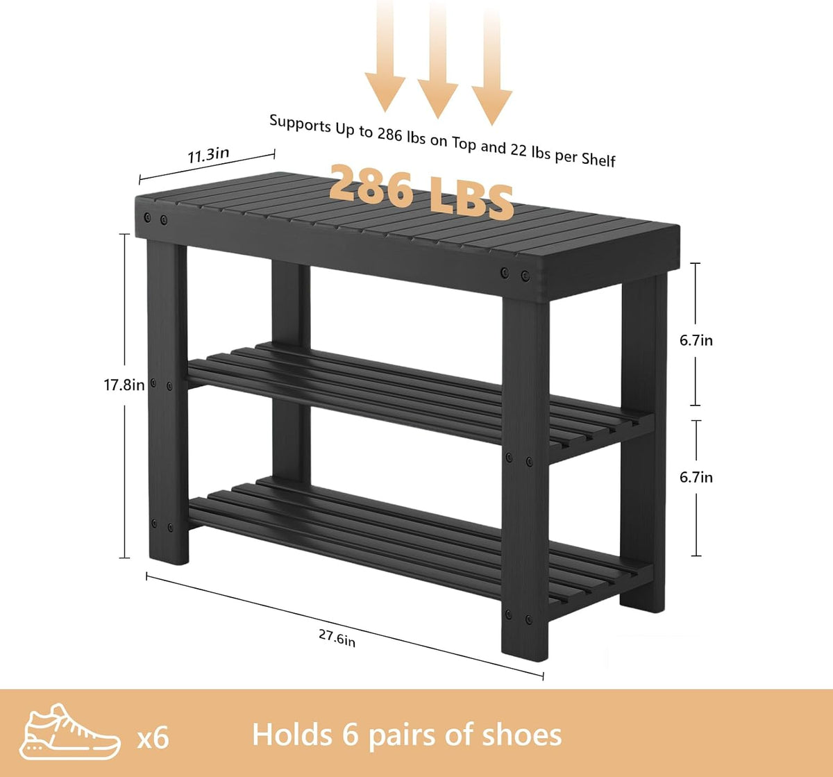 Shoe Rack Bench, 3-Tier Bamboo Shoe Organizer, Wooden Entryway Storage Bench, 286 Lb Load Capacity, 11.2X27.6X17.9 Inches, for Entryway Bathroom Bedroom Balcony, Black