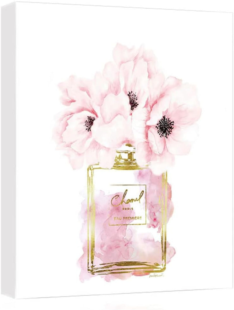 Canvas Wall Art Glam Perfume Pictures Wall Decor Pink Flowers and Gold Canvas Wall Art Girl Home Decor for Bedroom Wall Bathroom Set Room Decor