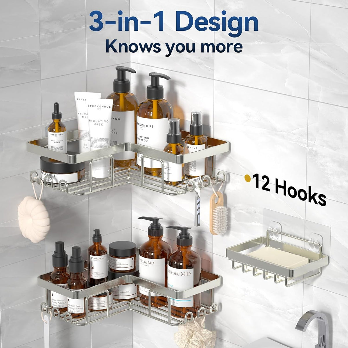 Corner Shower Caddy, 3-Pack Adhesive Shower Caddy with Soap Holder and 12 Hooks, Rustproof Stainless Steel Bathroom Organizer, No Drilling Wall Mounted Shower Rack, Nickel